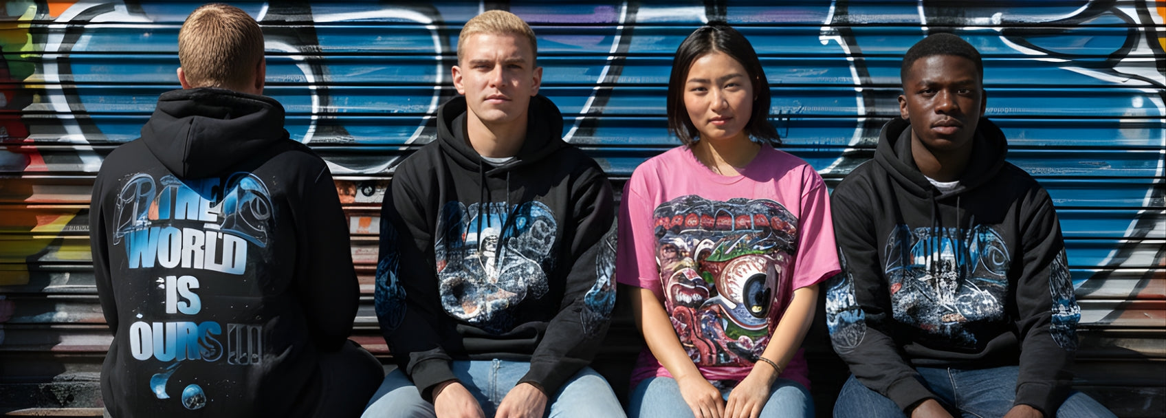 Four people wearing hoodies with visible text and graphics against a graffiti-covered wall.